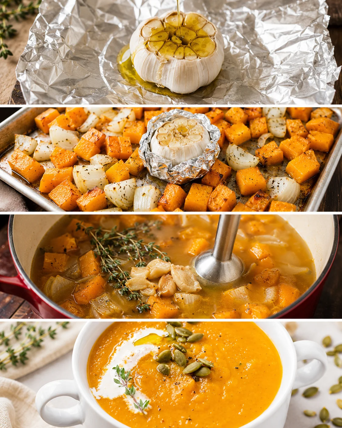 Hearty roasted butternut squash soup with caramelized garlic and herbs