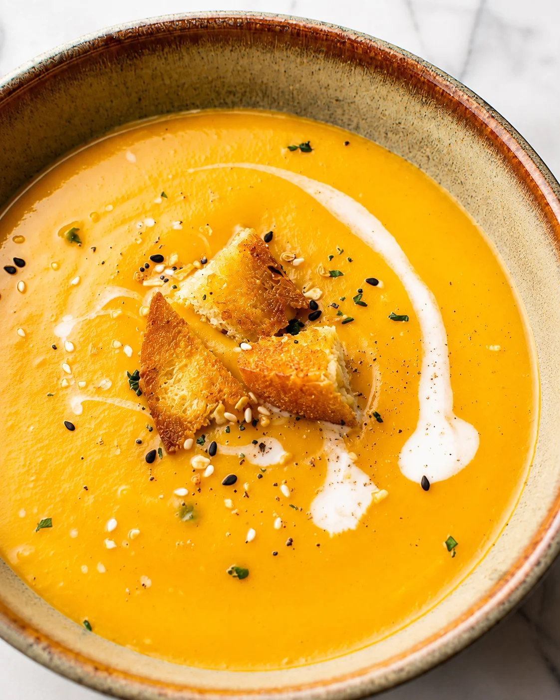 Bright orange carrot-squash soup in a rustic bowl, topped with crispy croutons, sesame seeds, and a cream swirl.