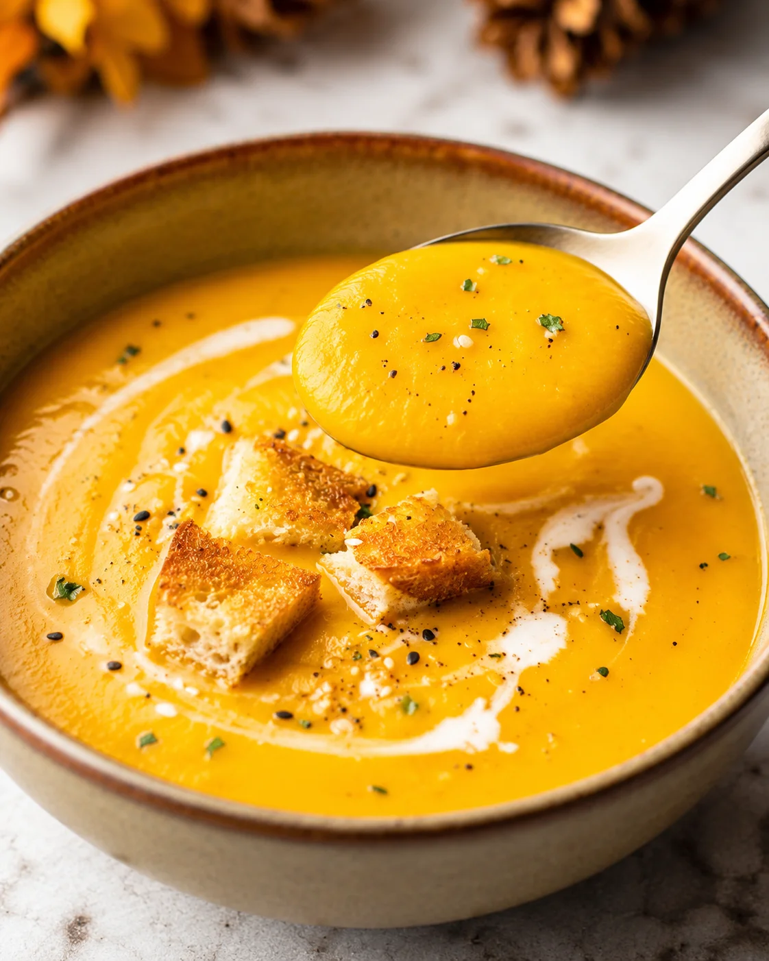 Close-up of creamy pumpkin soup in a rustic bowl topped with croutons, cream swirl, and herbs