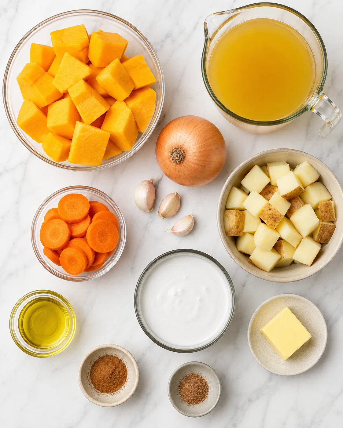 Bowl of cooked butternut squash, carrots, onion, garlic, and spices for soup preparation.
