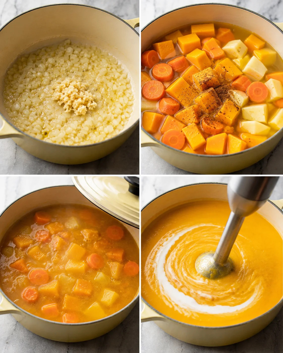 Creamy butternut squash soup simmering with carrots and spices on stove