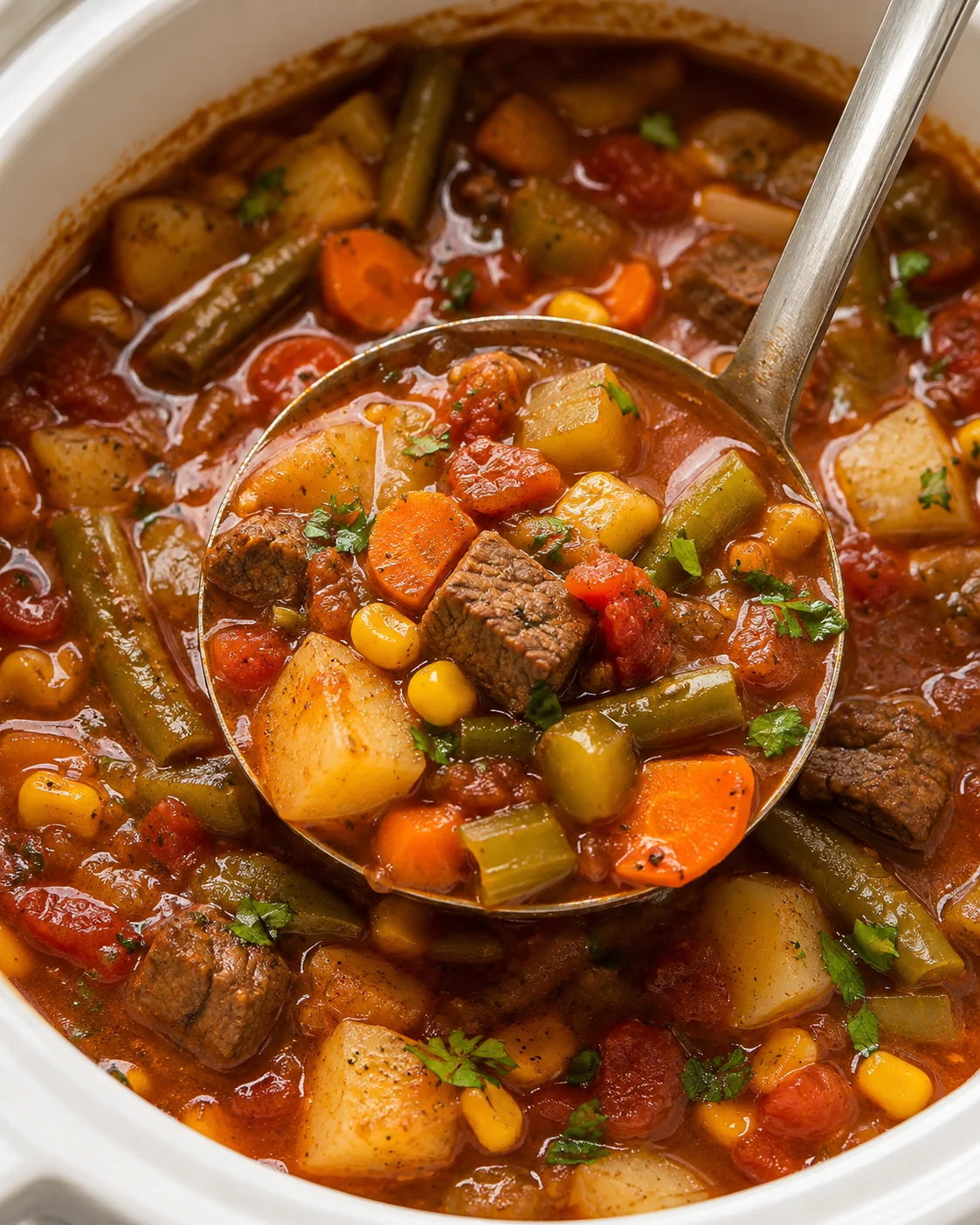 Ladle scoops beef stew with potatoes, carrots, corn, and green beans in tomato broth.