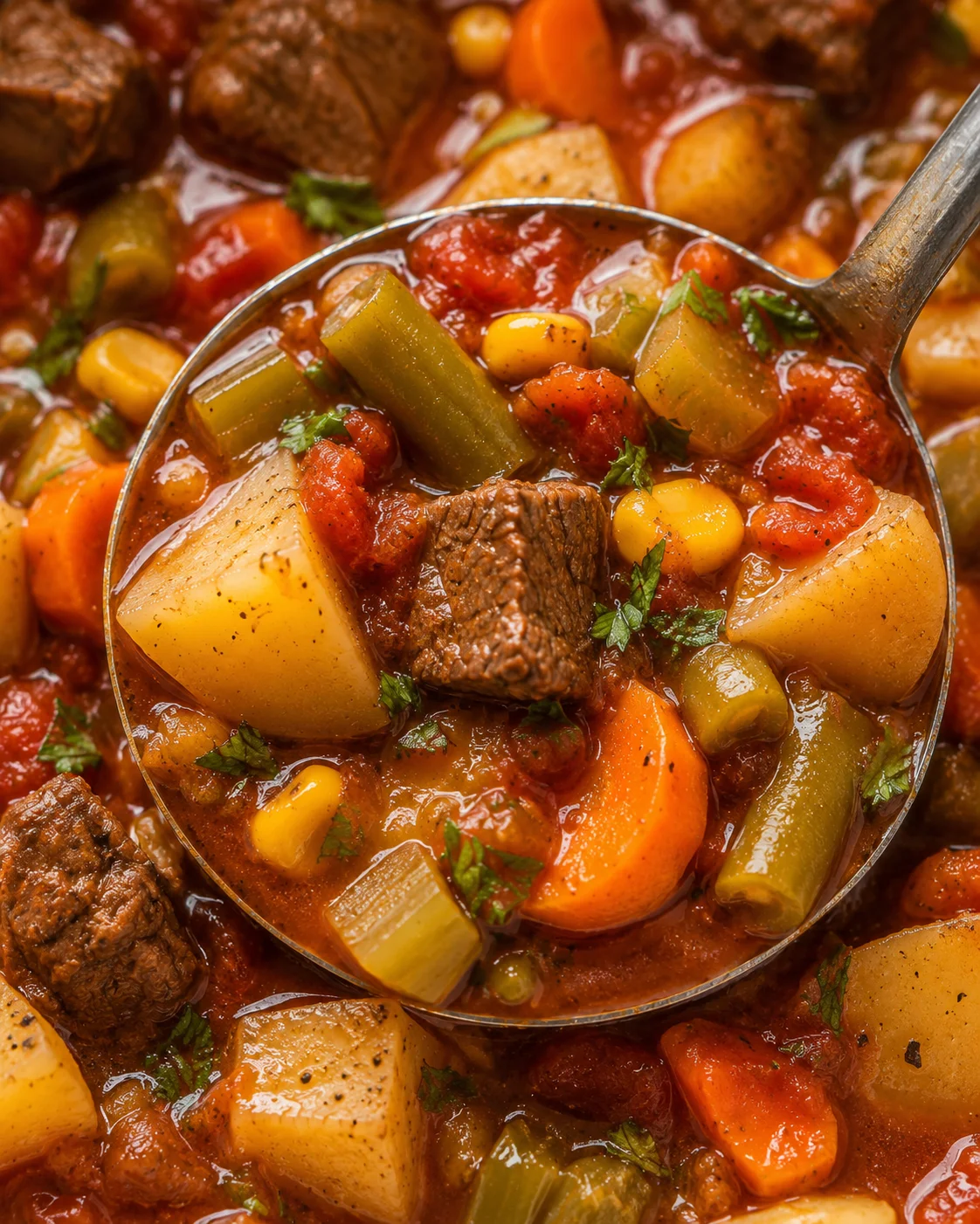 Close-up of beef stew with potatoes, carrots, corn, and green beans in a tomato-based broth, served from a metal ladle.