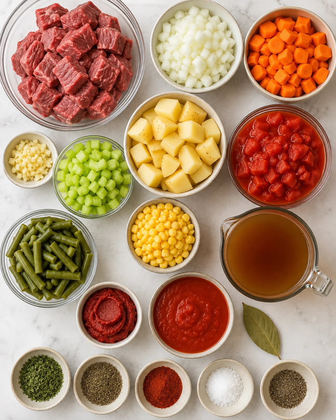 Assorted raw vegetables, beef cubes, and seasonings prepared for slow cooker soup
