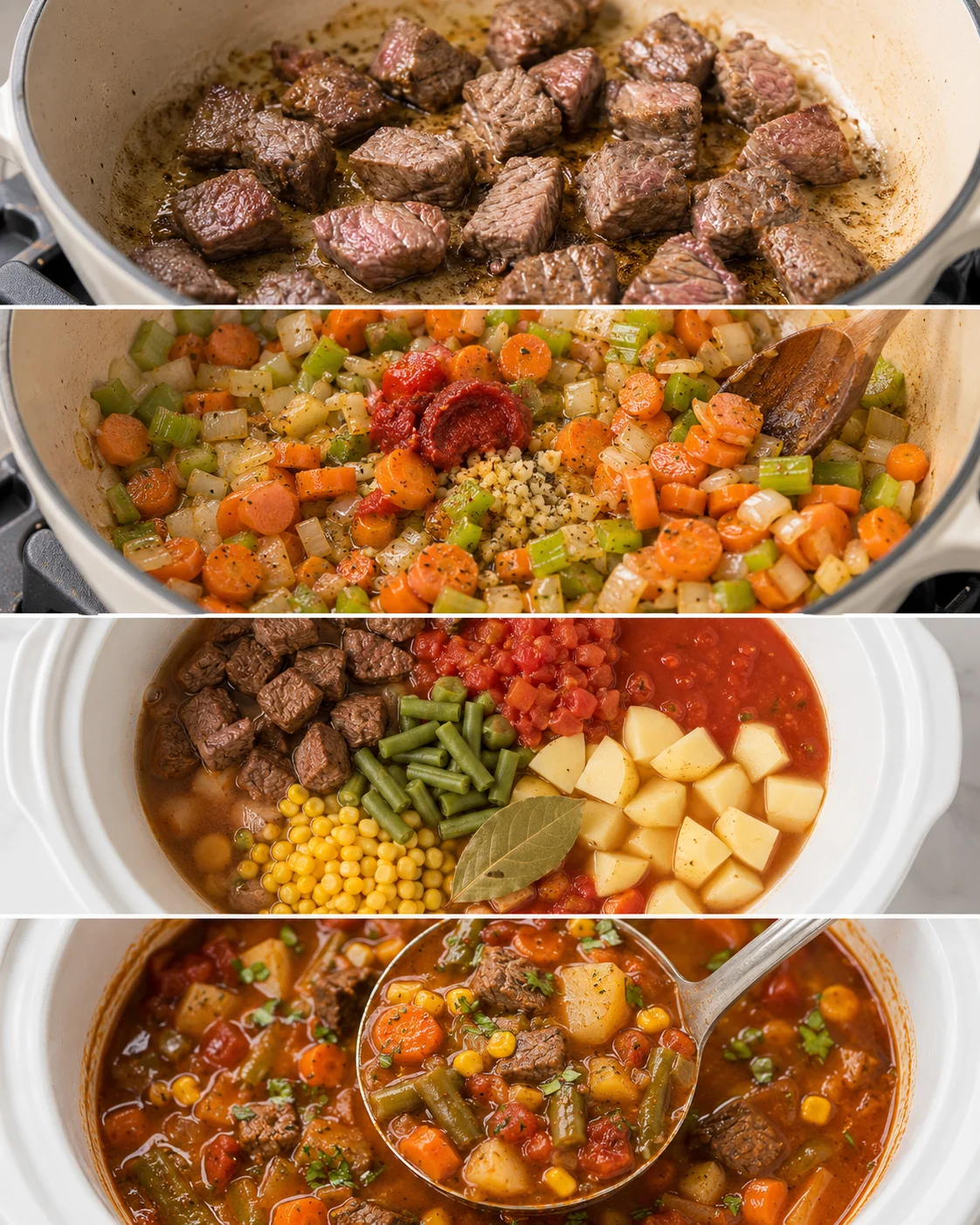 Steps for preparing a hearty vegetable beef soup in a slow cooker.