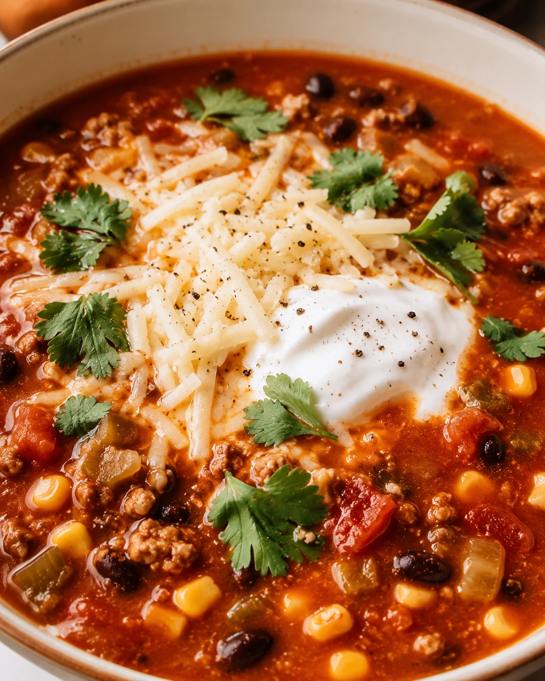 A bowl of flavorful taco soup topped with cheese and cilantro