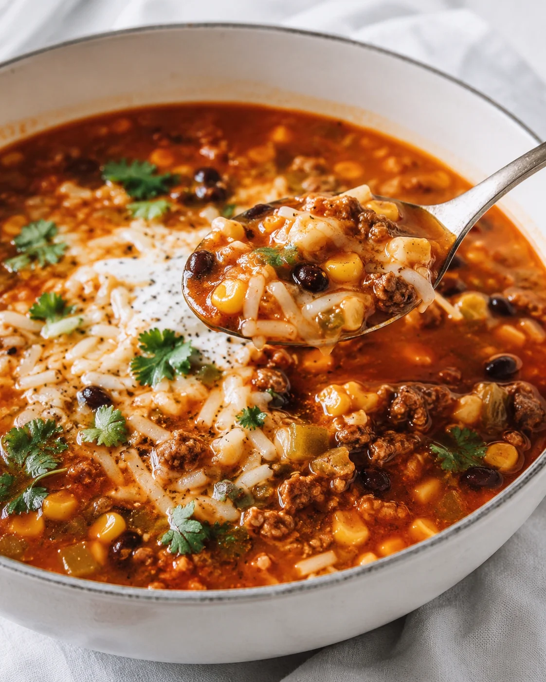 Warm and comforting taco soup with ground beef and toppings in a white bowl