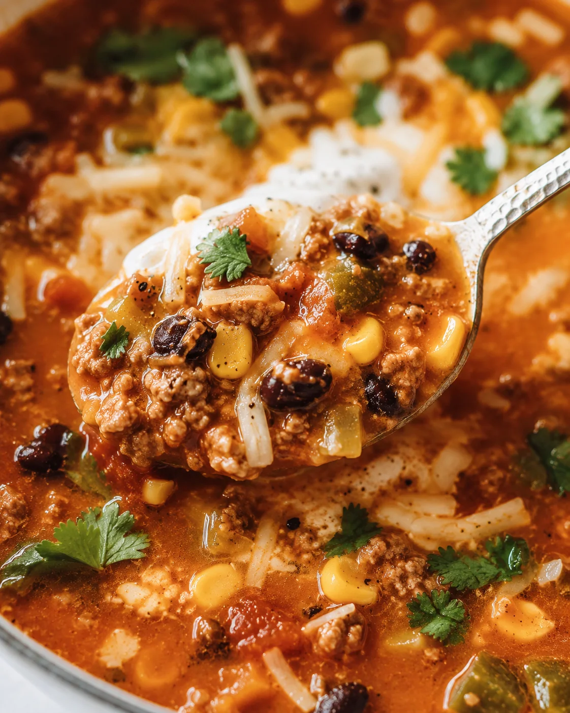 Close-up of a spoonful of hearty taco soup with beans and cilantro.