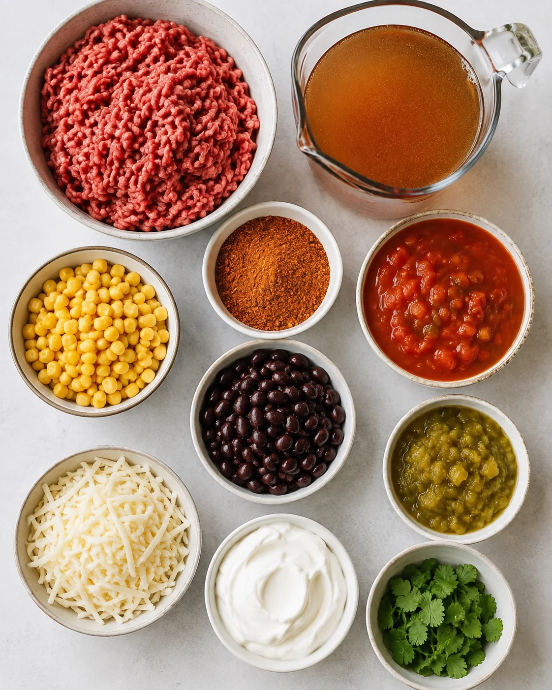 Assorted bowls of beef, beans, corn, spices, and garnishes for taco soup