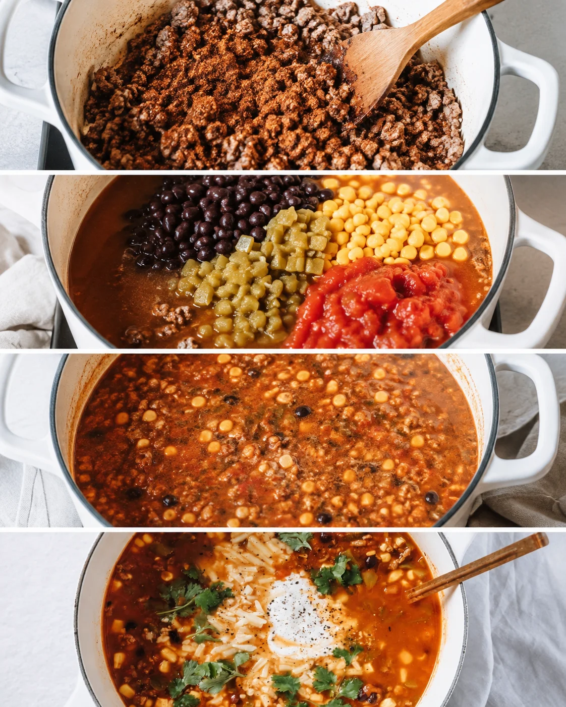 Step-by-step photos showing seasoned ground beef, beans, corn, and salsa in a pot