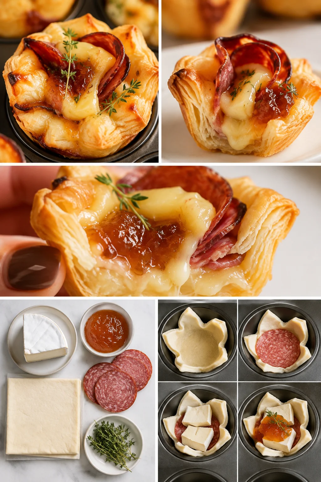 Golden puff pastry bites filled with melted cheese and ham, garnished with thyme.