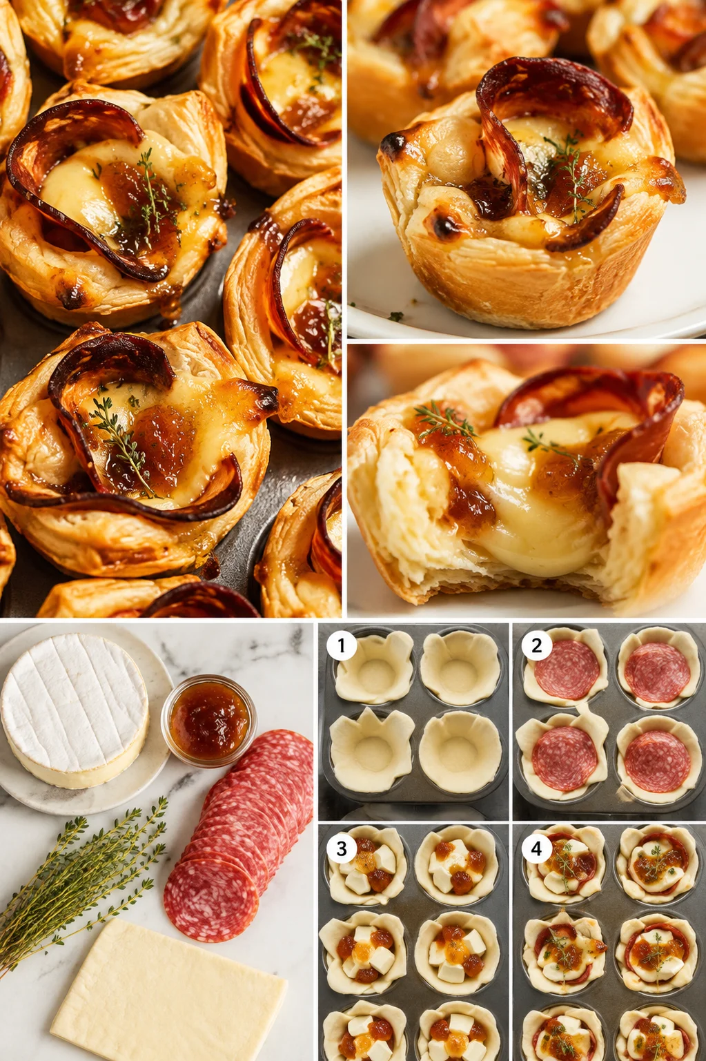 Collage of golden puff pastry cups filled with cheese and pepperoni, garnished with thyme.