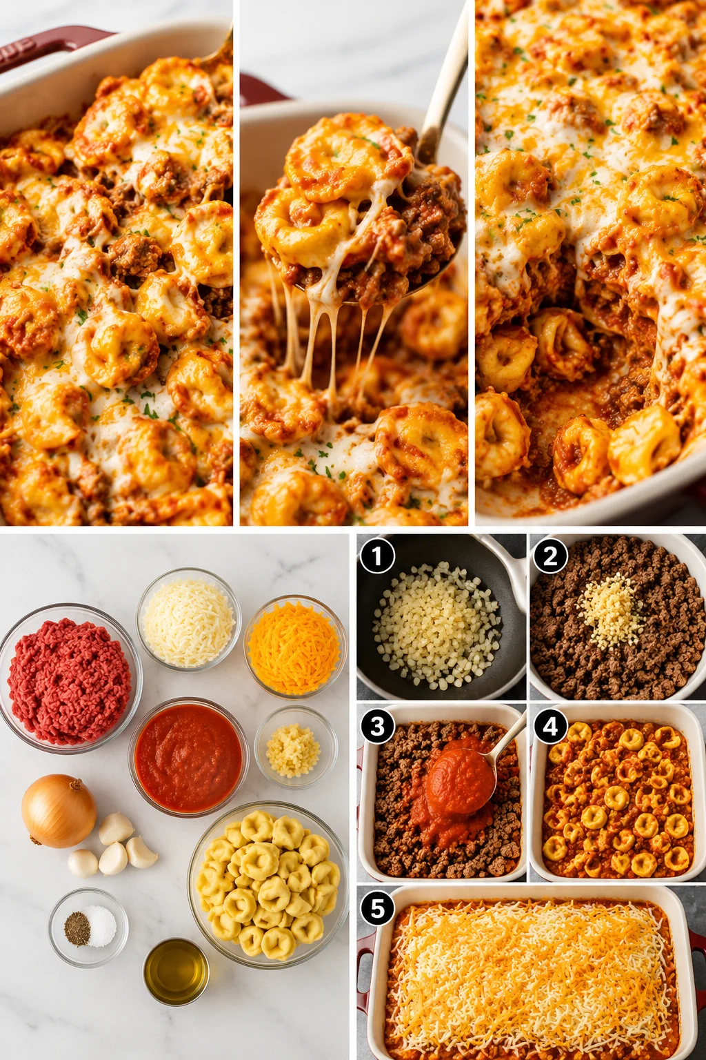 collage showing a cheesy baked macaroni dish with beef, onions, cheese, and tomato sauce