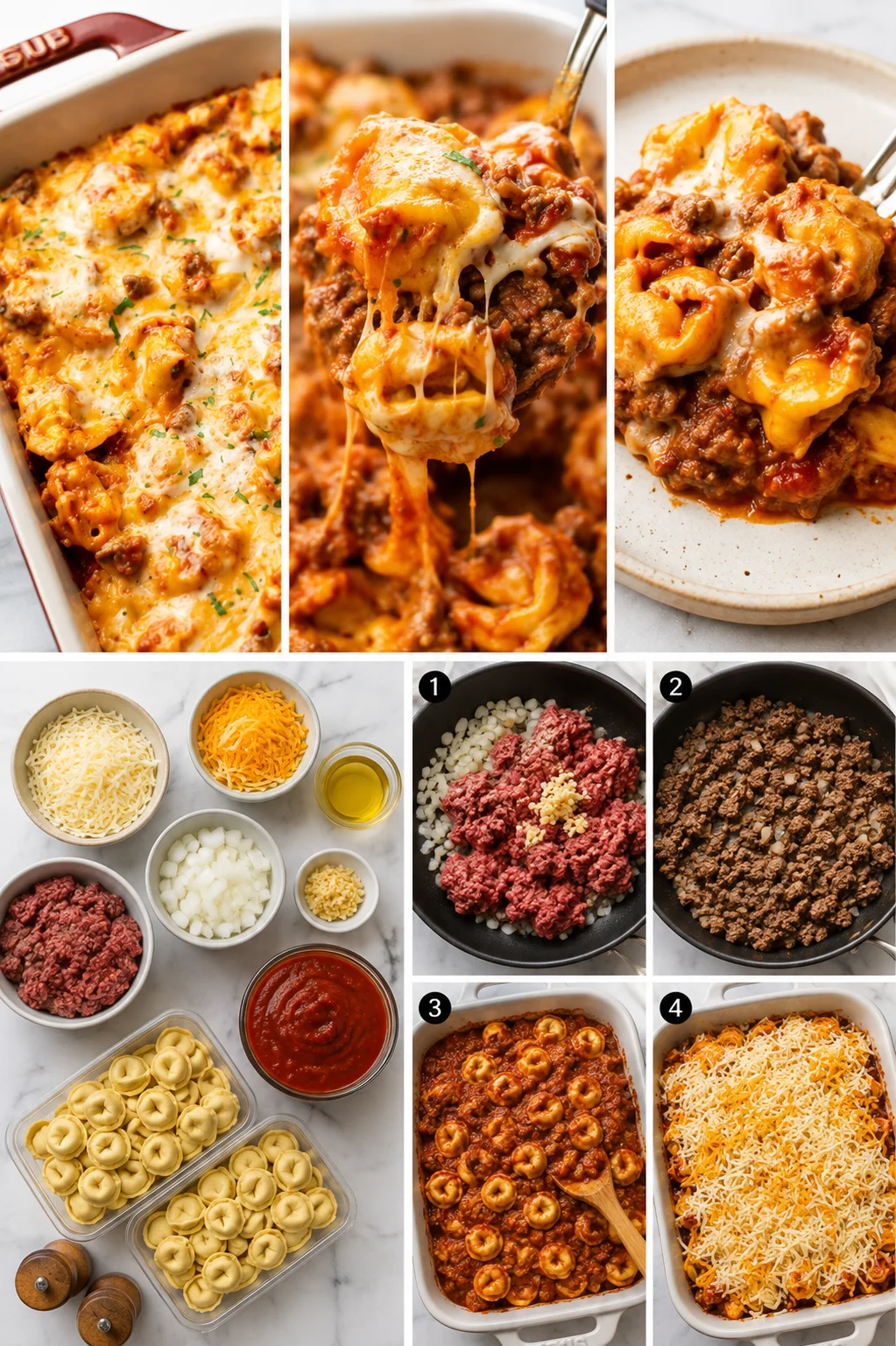 collage showing a cheesy baked beef pasta in a dish, with close-up cheese pull and plated serving