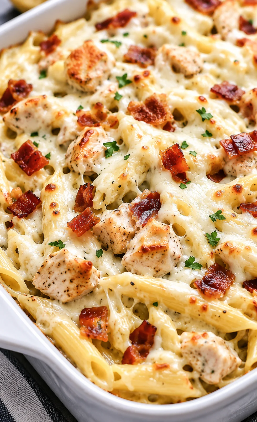 Close-up of creamy chicken pasta bake with bacon, melted cheese, and parsley.