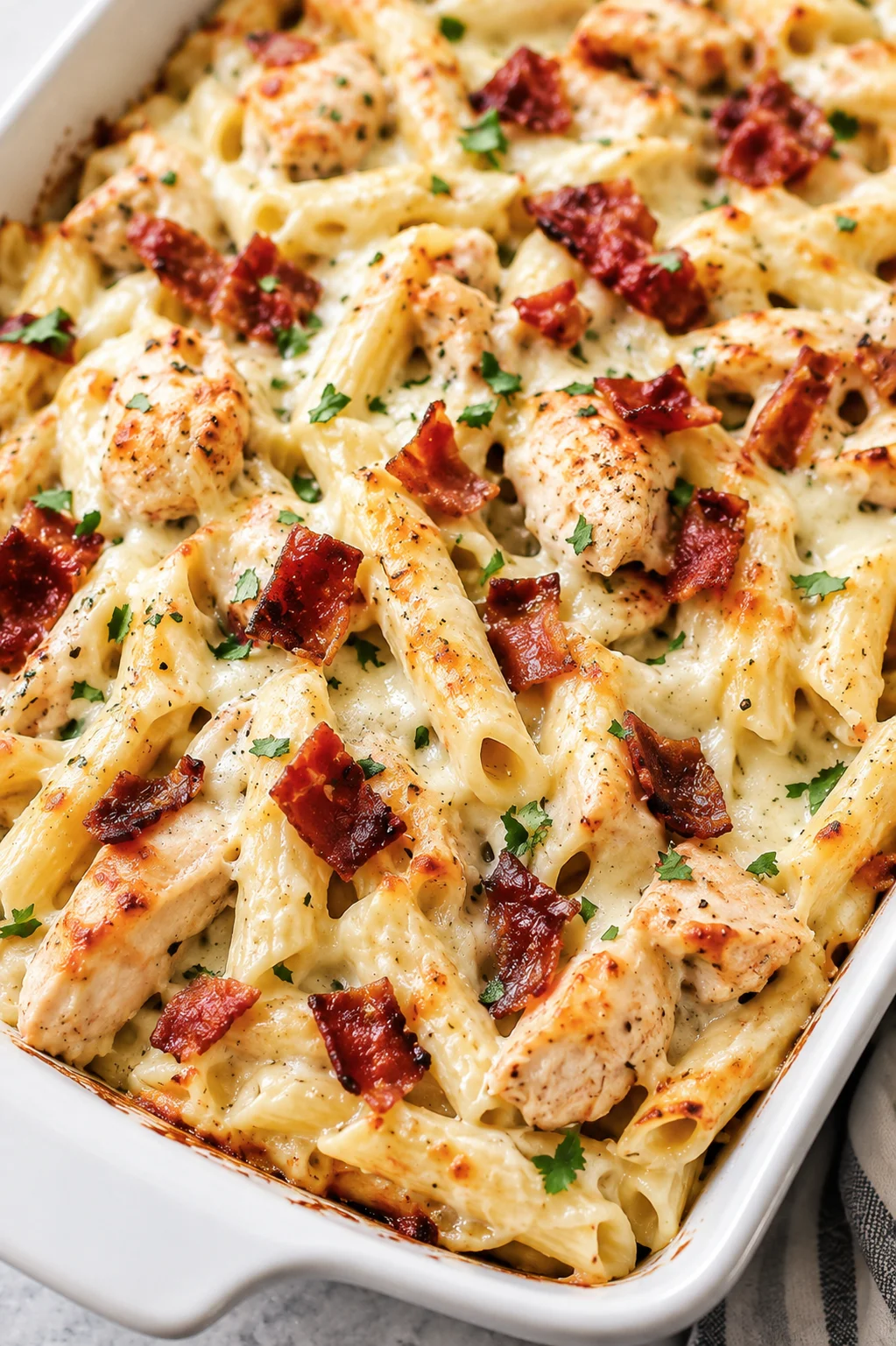 Creamy baked pasta with chicken, bacon, and parsley in a white baking dish.