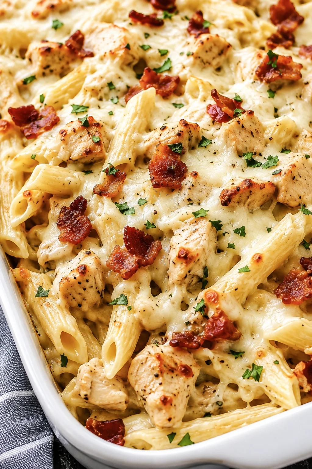 creamy chicken penne bake with bacon and parsley in a white dish