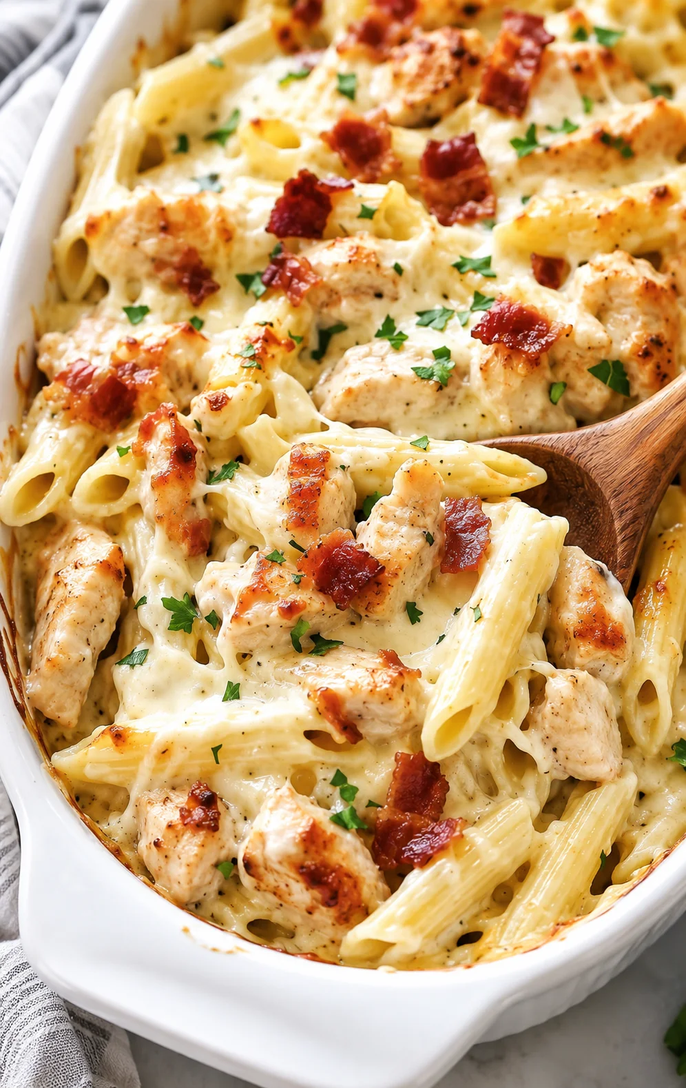 Creamy chicken Alfredo pasta with bacon bits in a white baking dish.