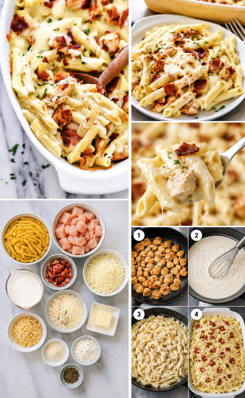 collage of recipe steps for creamy chicken bacon pasta bake showing ingredients, sauce, final dish