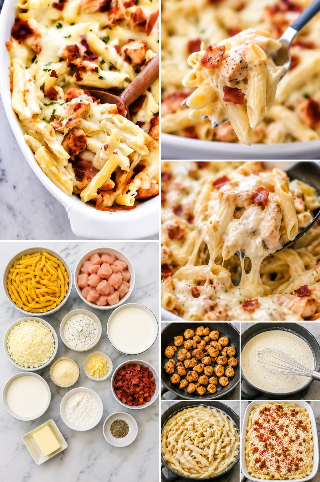 collage showing creamy macaroni and cheese with bacon, cheese bowls, and baked pasta dishes