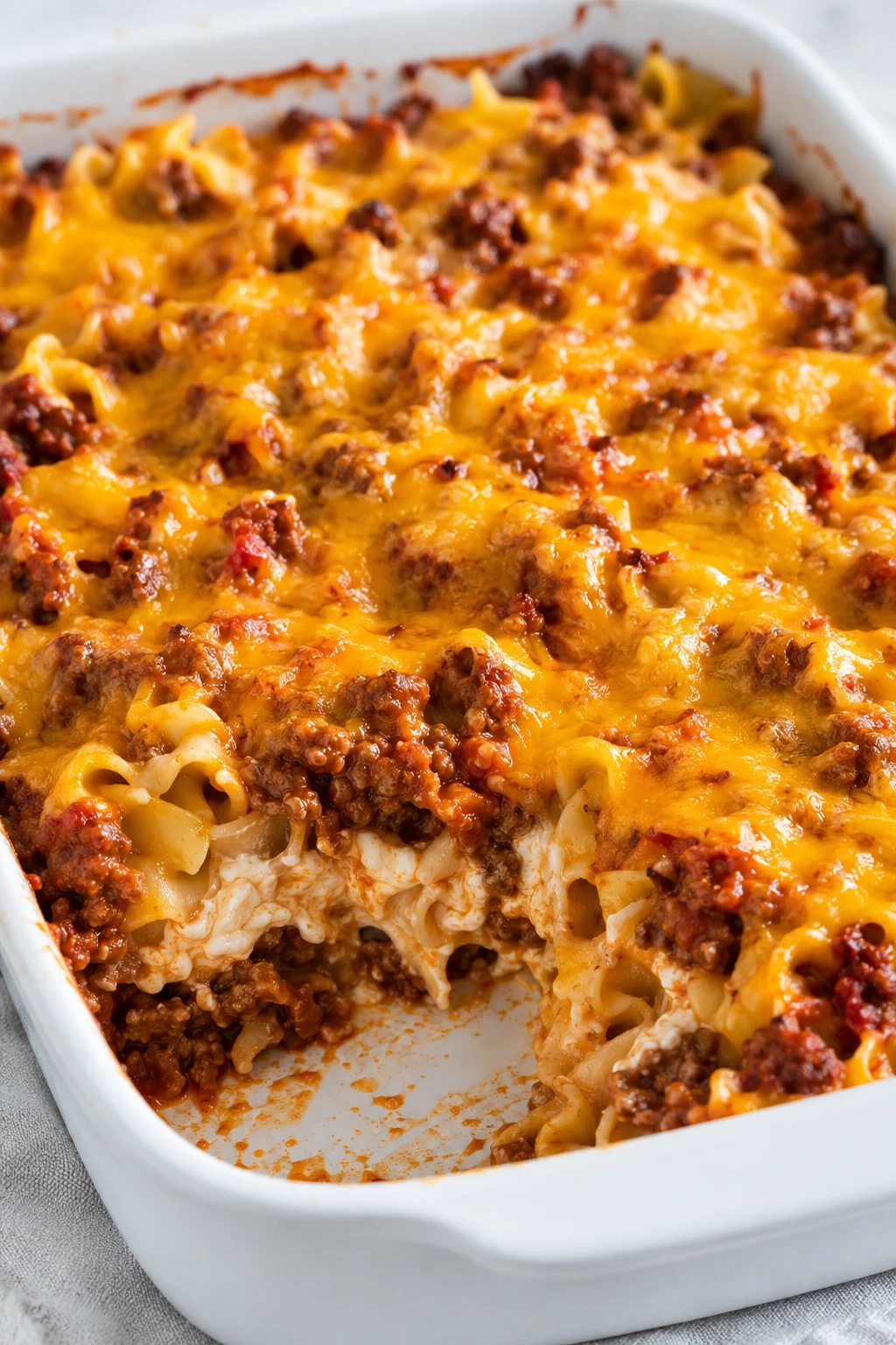 baked pasta with meat sauce and melted cheese in a white casserole dish