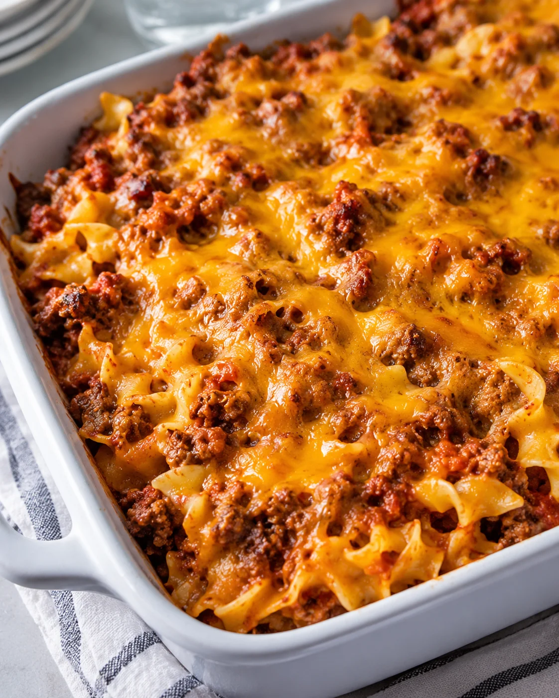 Cheesy baked pasta with ground beef in a white casserole dish