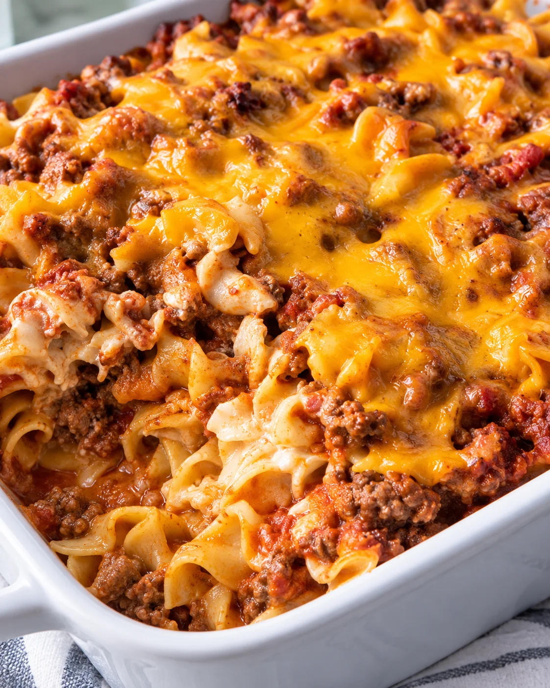 Cheesy baked pasta casserole with ground beef in a white baking dish.