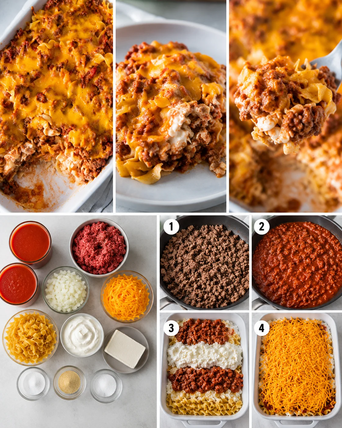 collage of lasagna ingredients and final cheesy baked dish