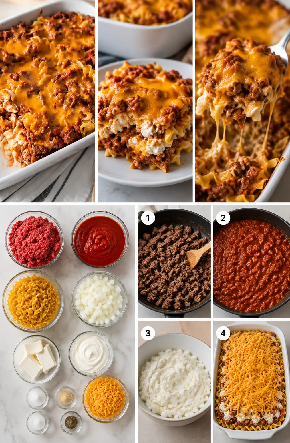 Collage showing cheesy baked ziti with beef, cheese, and ingredients