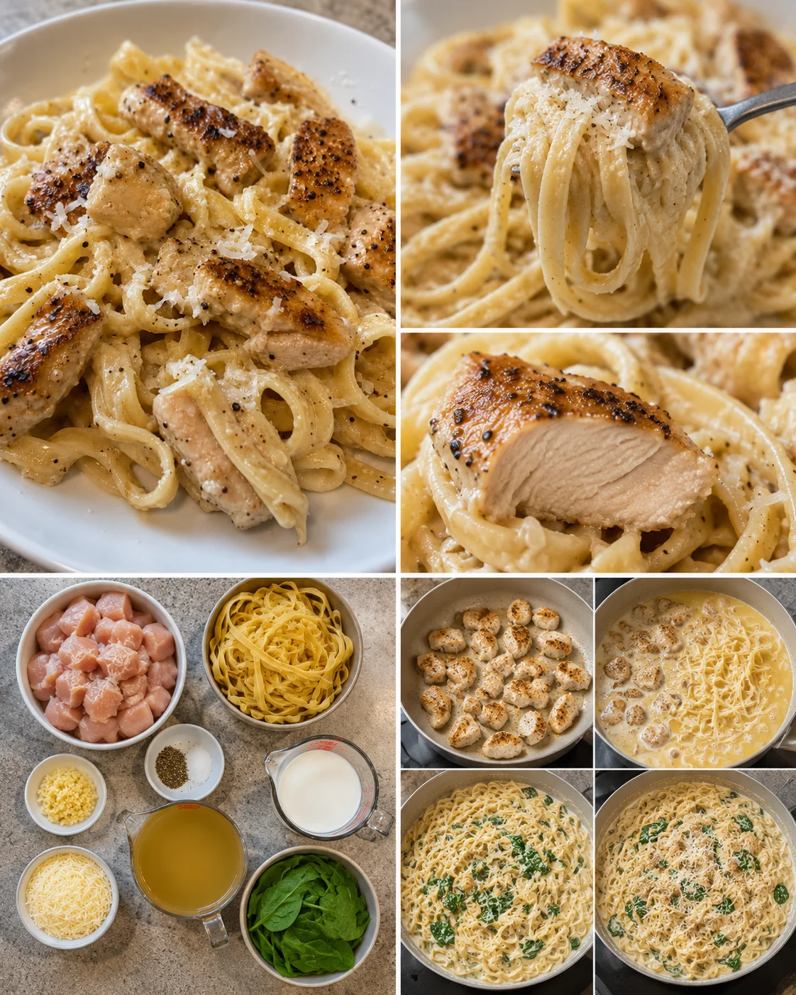 Collage showing creamy chicken Alfredo pasta with seared chicken and ingredients.