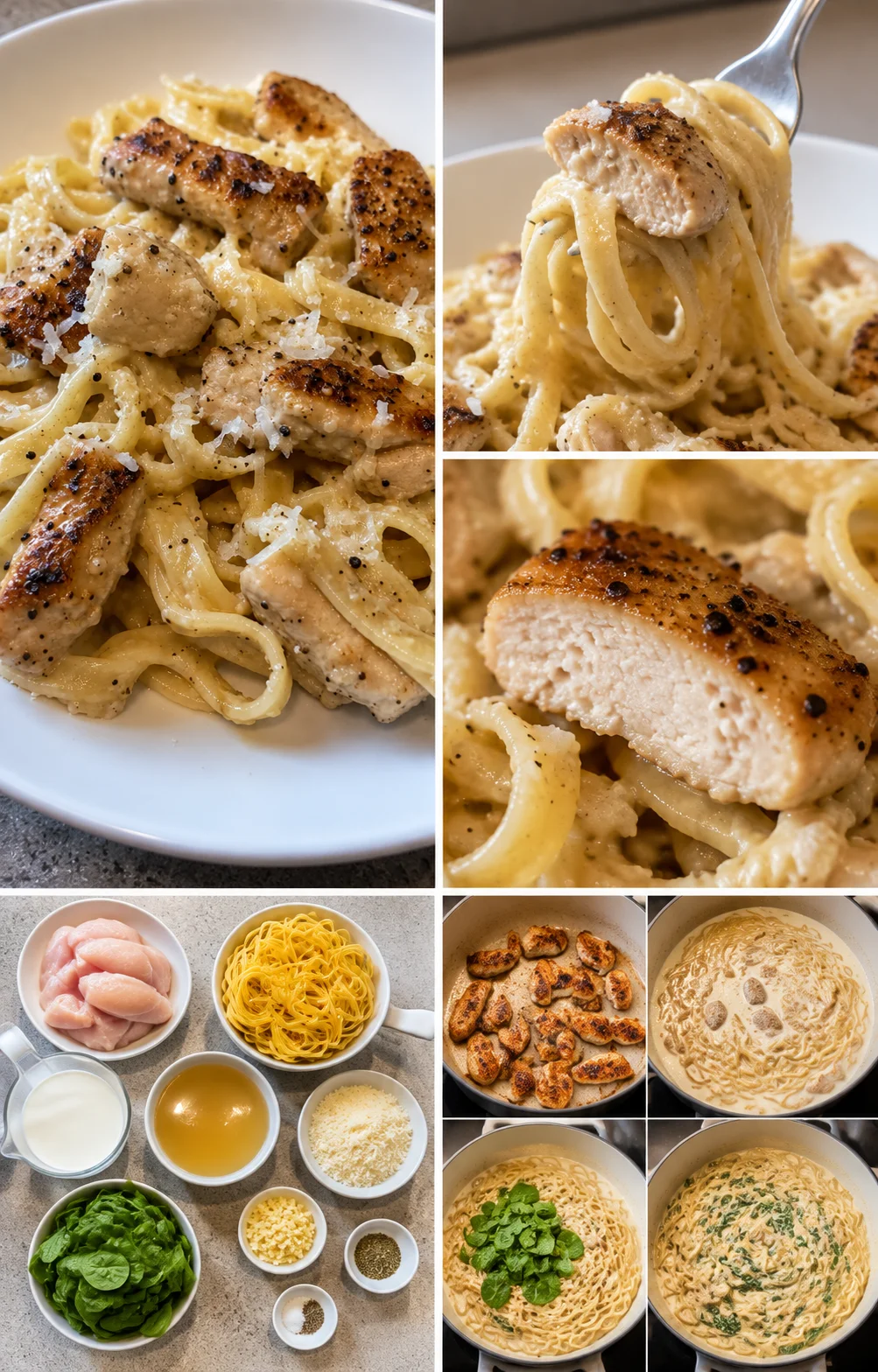 collage of creamy chicken Alfredo pasta with seared chicken, forks twirling noodles, and ingredient bowls