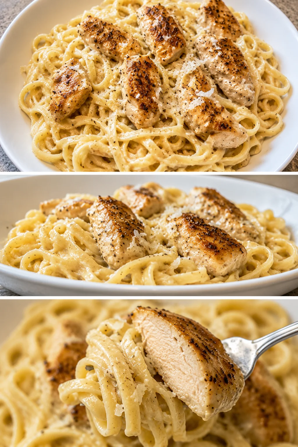 Creamy Alfredo fettuccine with seared chicken and parmesan shavings on top