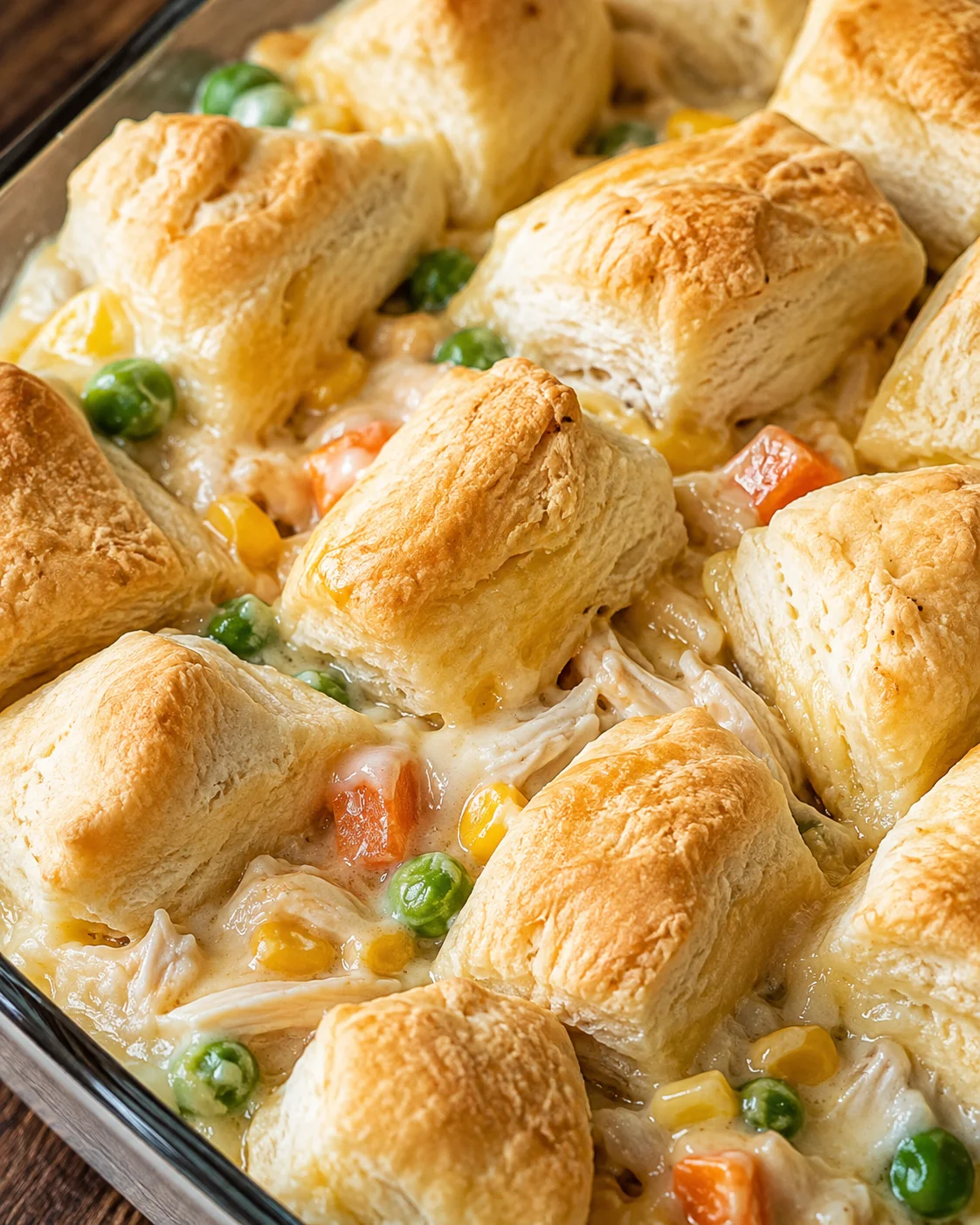 Close-up of baked chicken pot pie with flaky biscuits bubbling in a dish