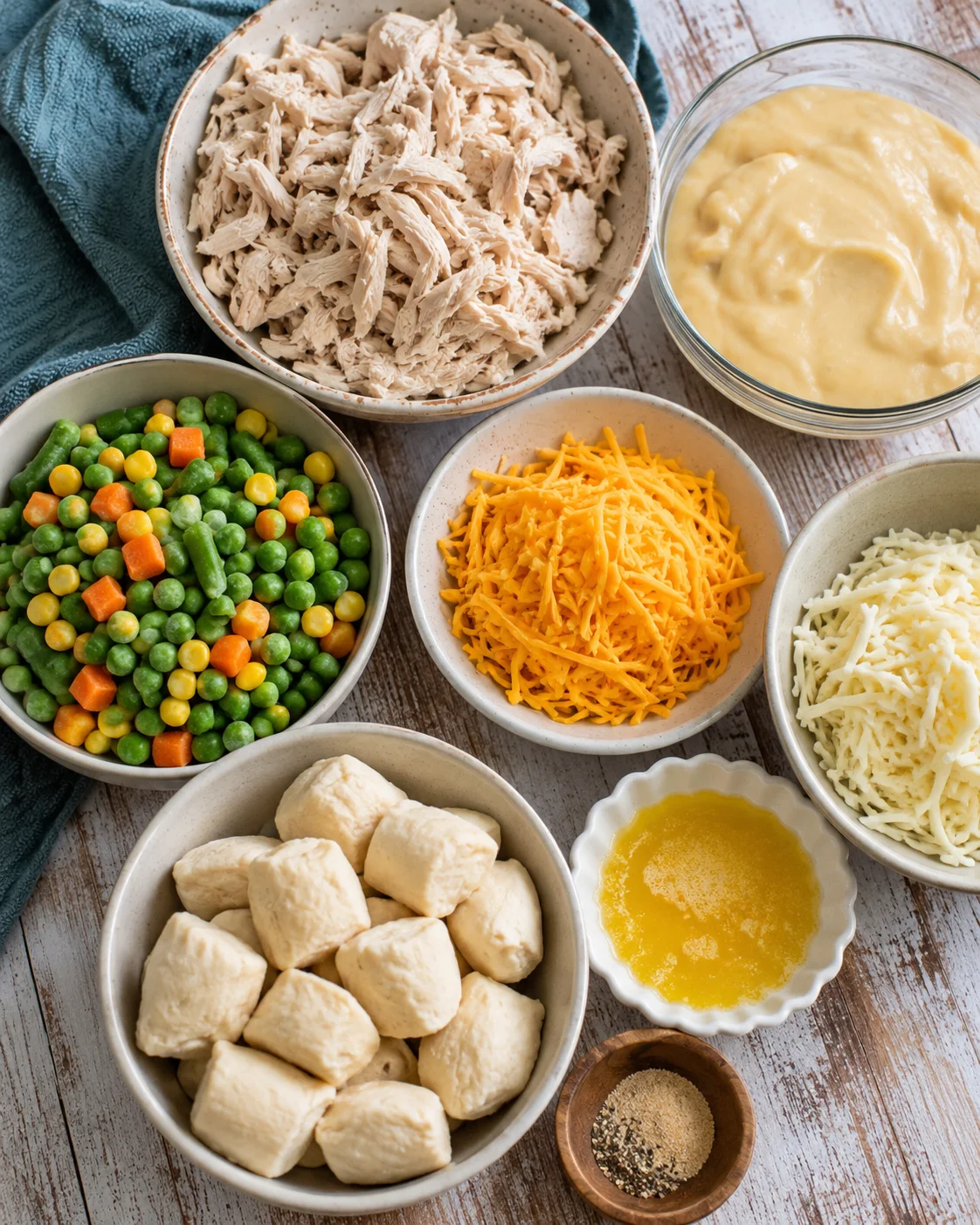 Bowl of shredded cooked chicken and bowls of cheese, vegetables, and biscuit dough prepared for casserole