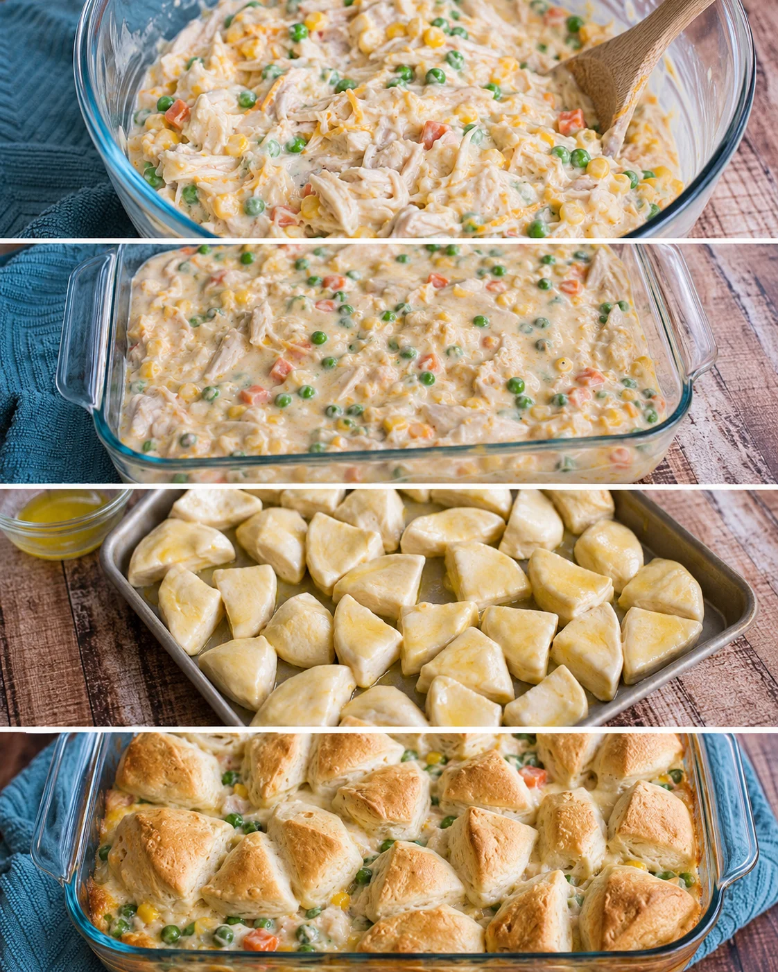 Cozy chicken pot pie topped with flaky biscuits in a glass baking dish