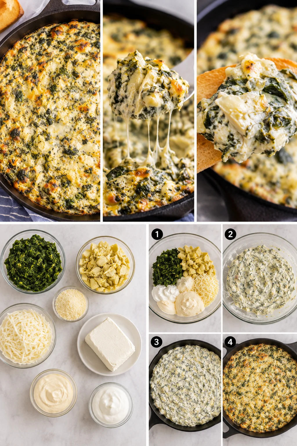 Spinach-artichoke dip in a cast-iron skillet with gooey cheese, plus an ingredient collage on marble surface