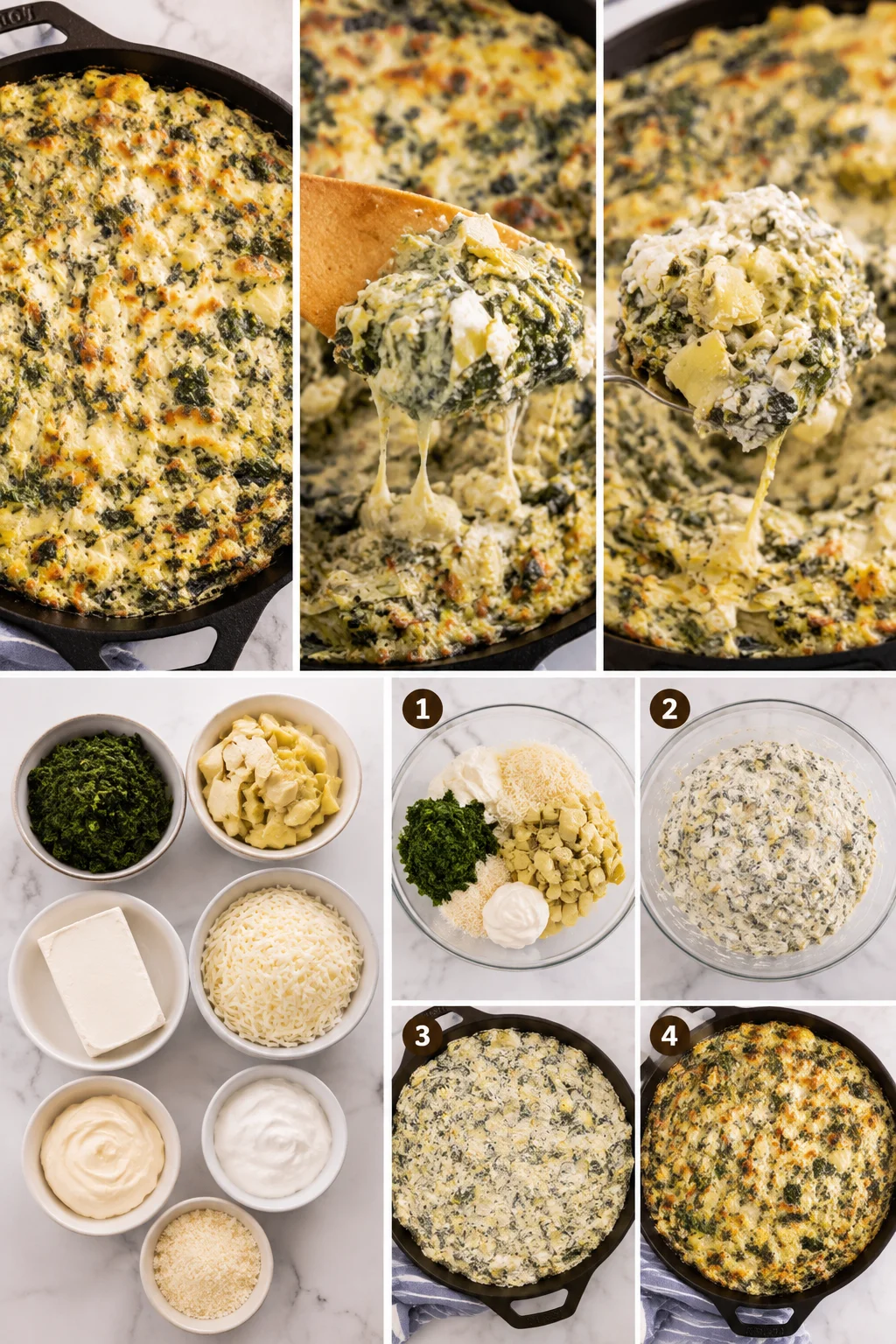 collage of creamy spinach-artichoke dip in a cast-iron skillet with ingredients and steps