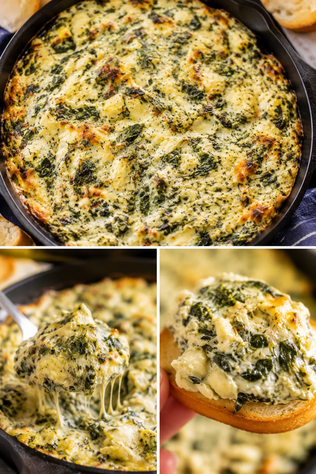 Cast-iron skillet spinach and cheese frittata with crispy edges; collage-style close-ups.
