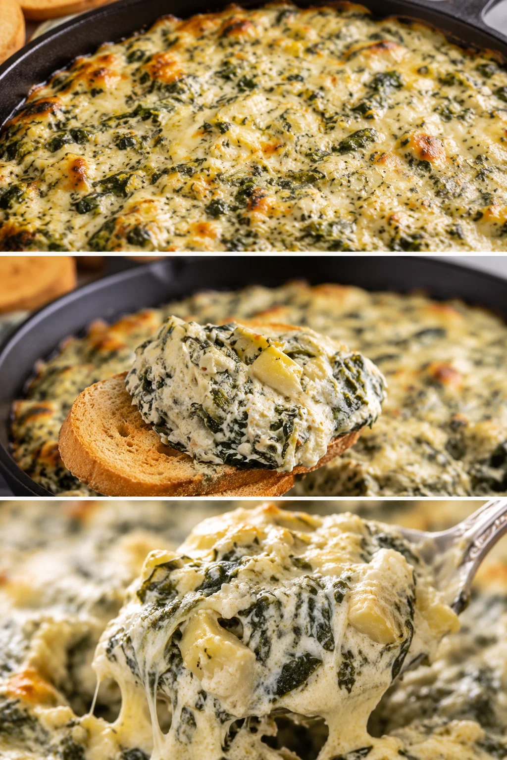 cast-iron skillet of creamy spinach-artichoke dip with bread slices and a cheese-pulling close-up