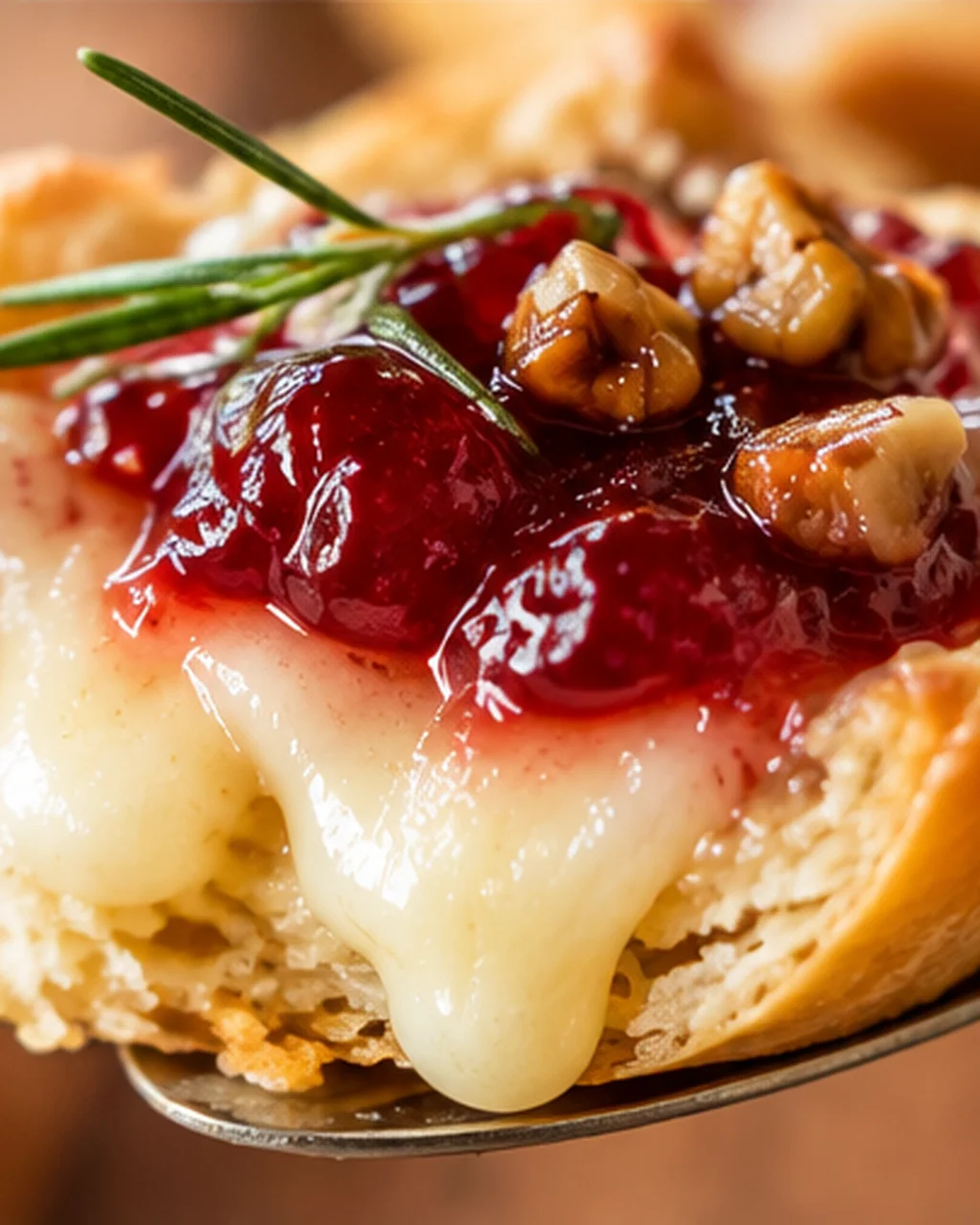 Close-up of a toasted crostini topped with melted cheese, cherry glaze, walnuts, and rosemary.