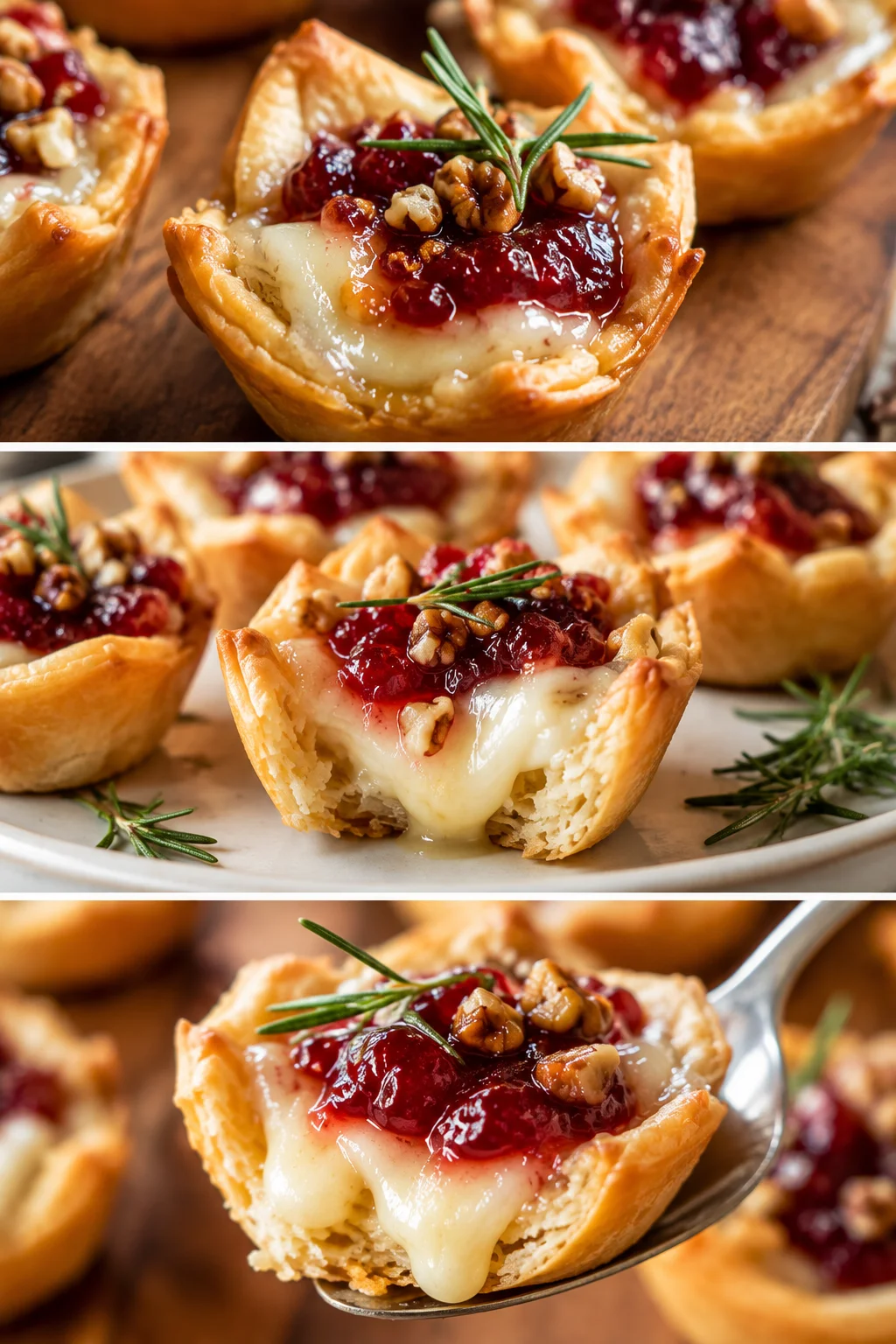 Three mini puff pastry tarts topped with melted cheese, cranberry jam, walnuts, and rosemary.