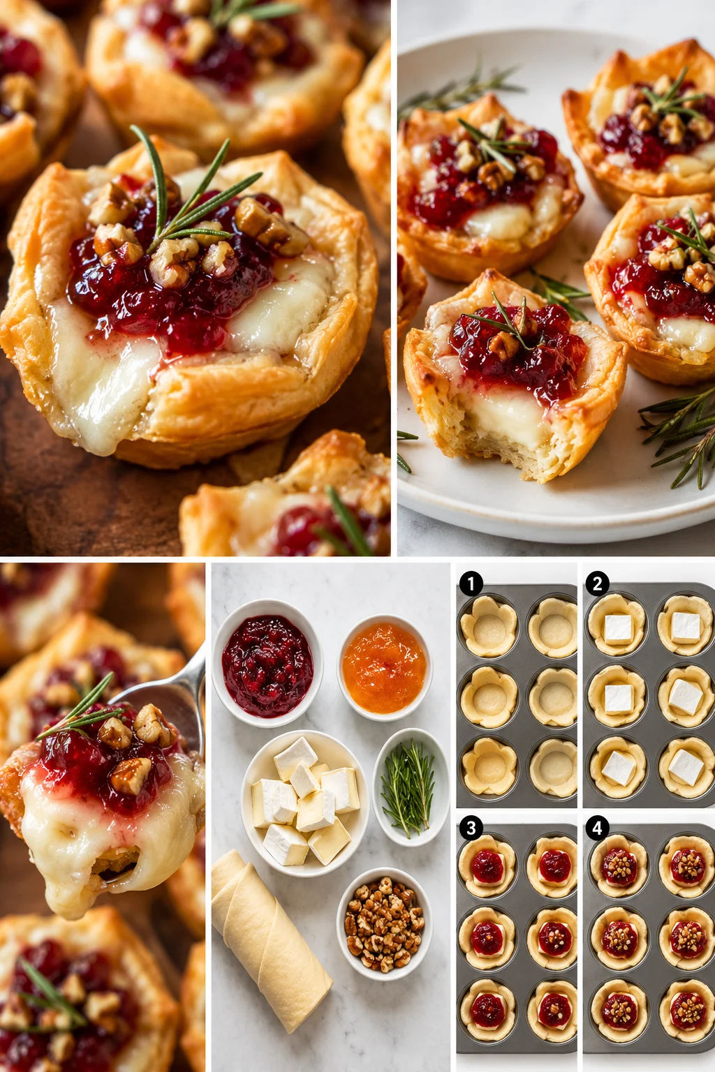 Collage of golden puff pastry tartlets topped with melted cheese, cranberry jam, walnuts, and rosemary.