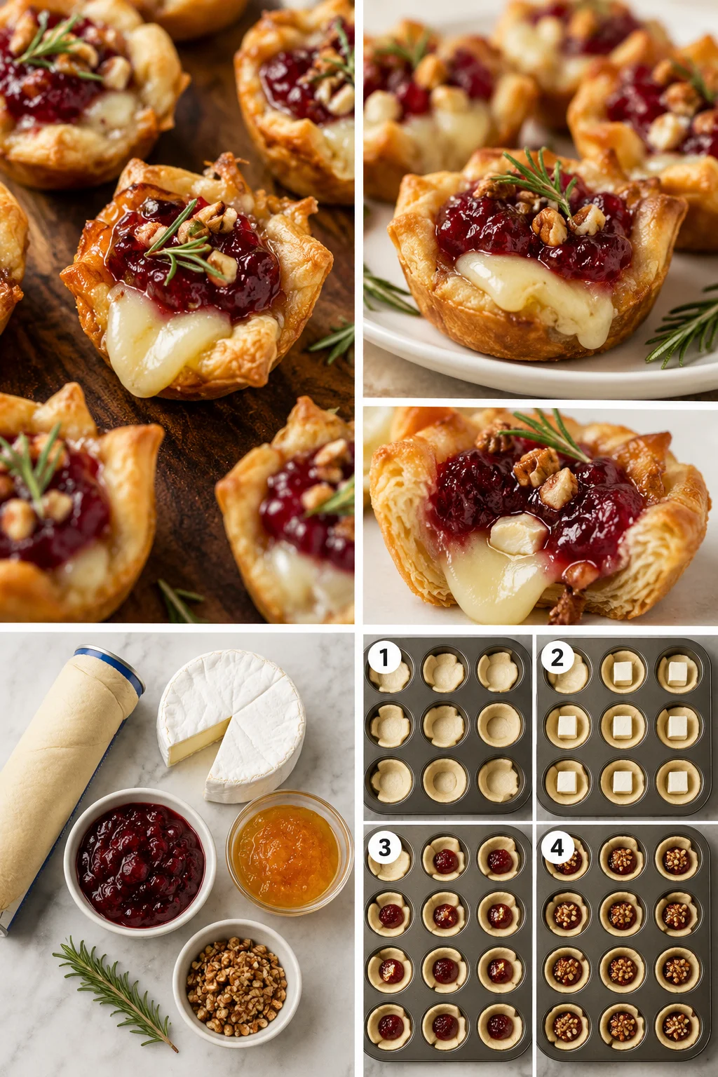 Collage of golden puff pastries filled with brie and cranberry, garnished with rosemary and nuts.