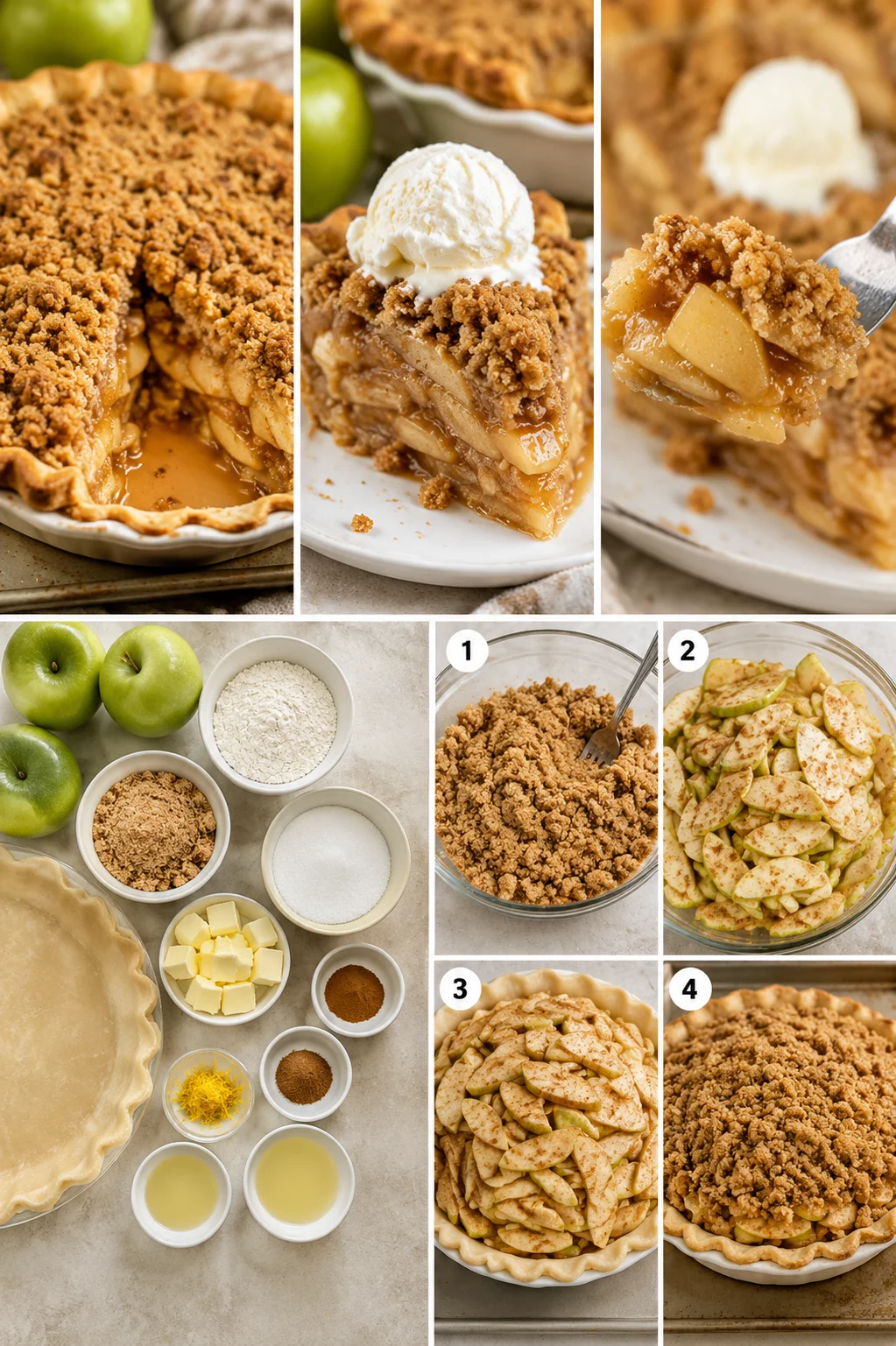 collage of apple crumble pie with crumb topping, a slice, and ingredient shots on a kitchen counter