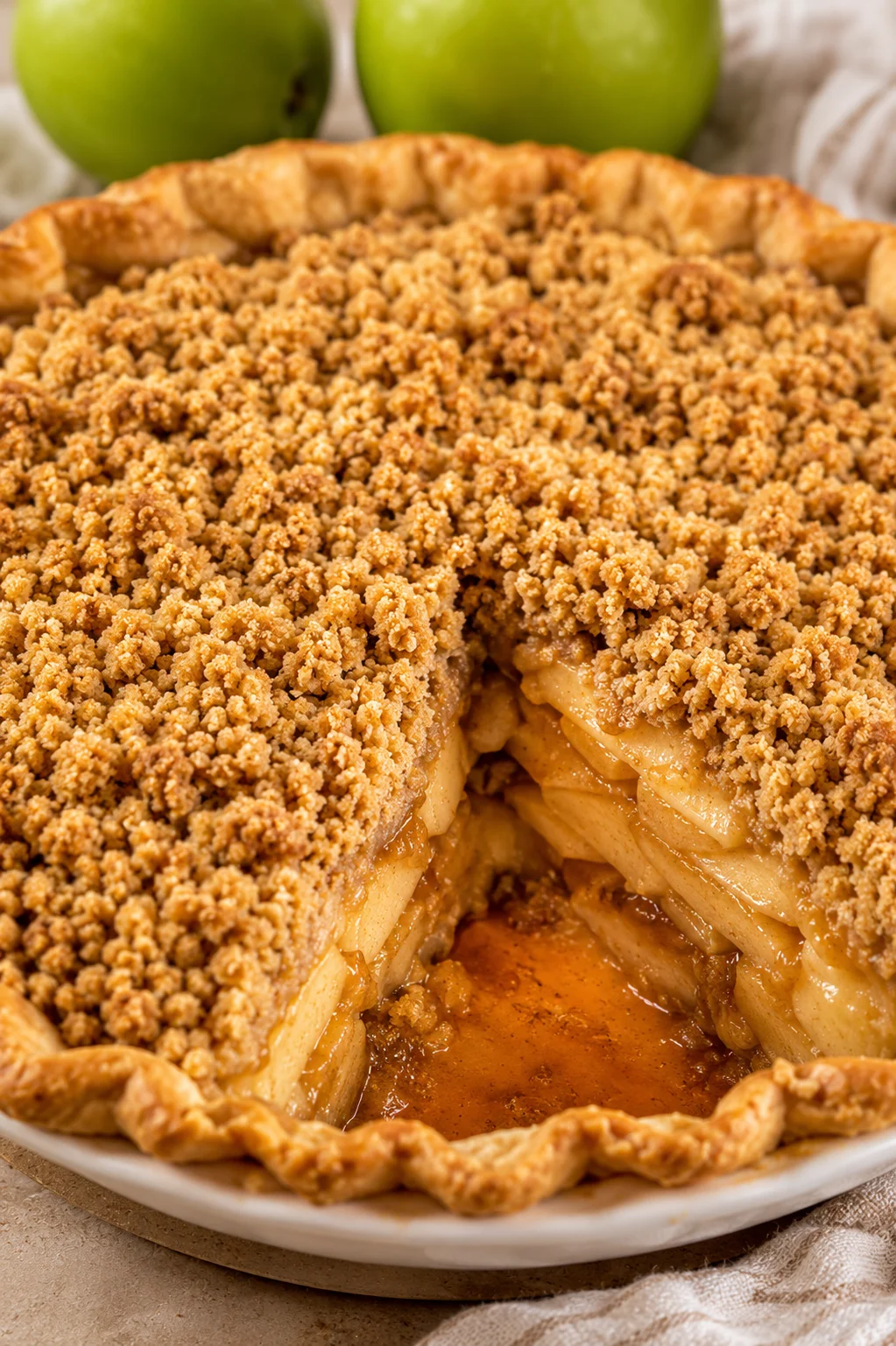 Close-up of crumb-topped apple pie in a white dish with green apples in background