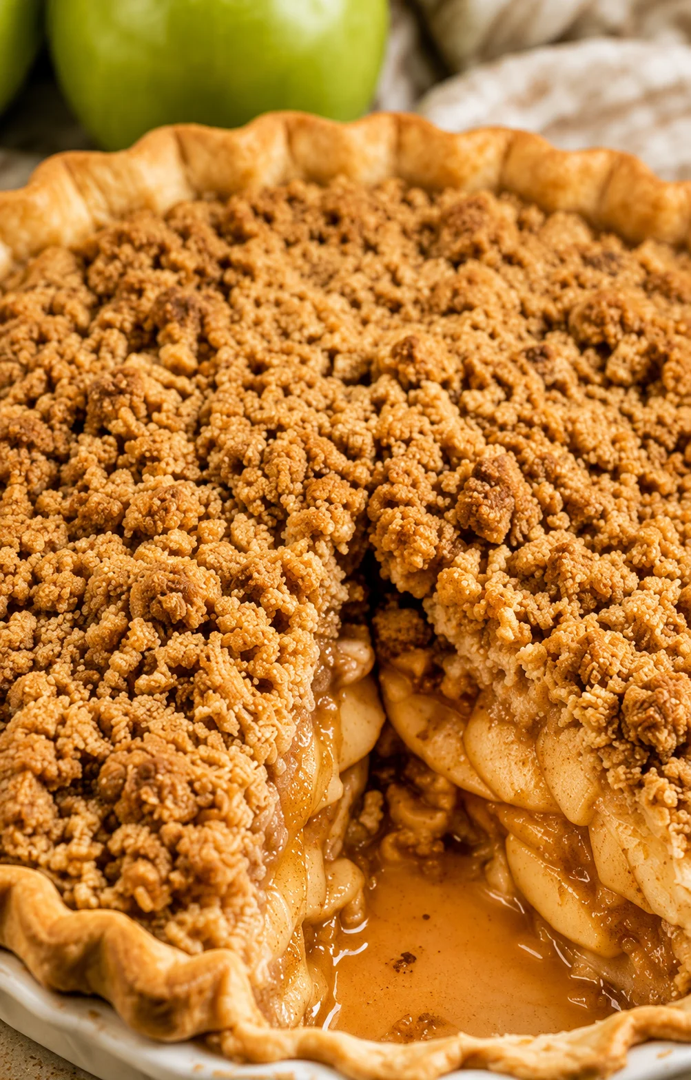 Close-up of a golden-brown apple crumble pie with crumb topping and caramel filling.