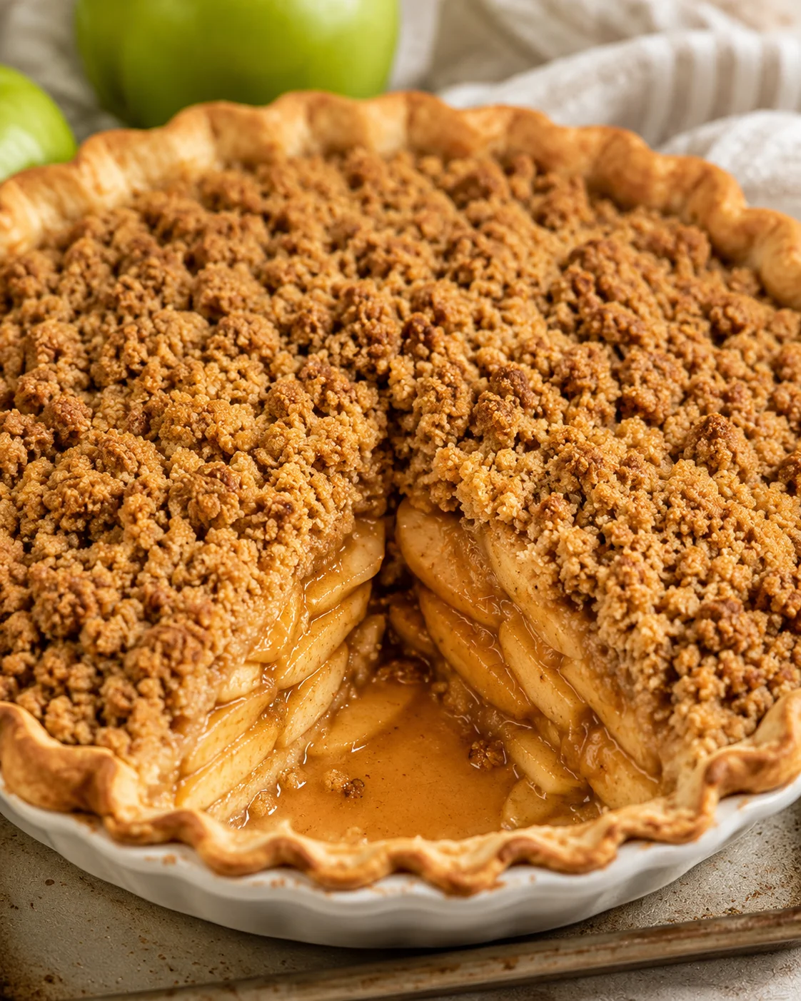 Rustic apple crumble pie with crumb topping in a white dish.