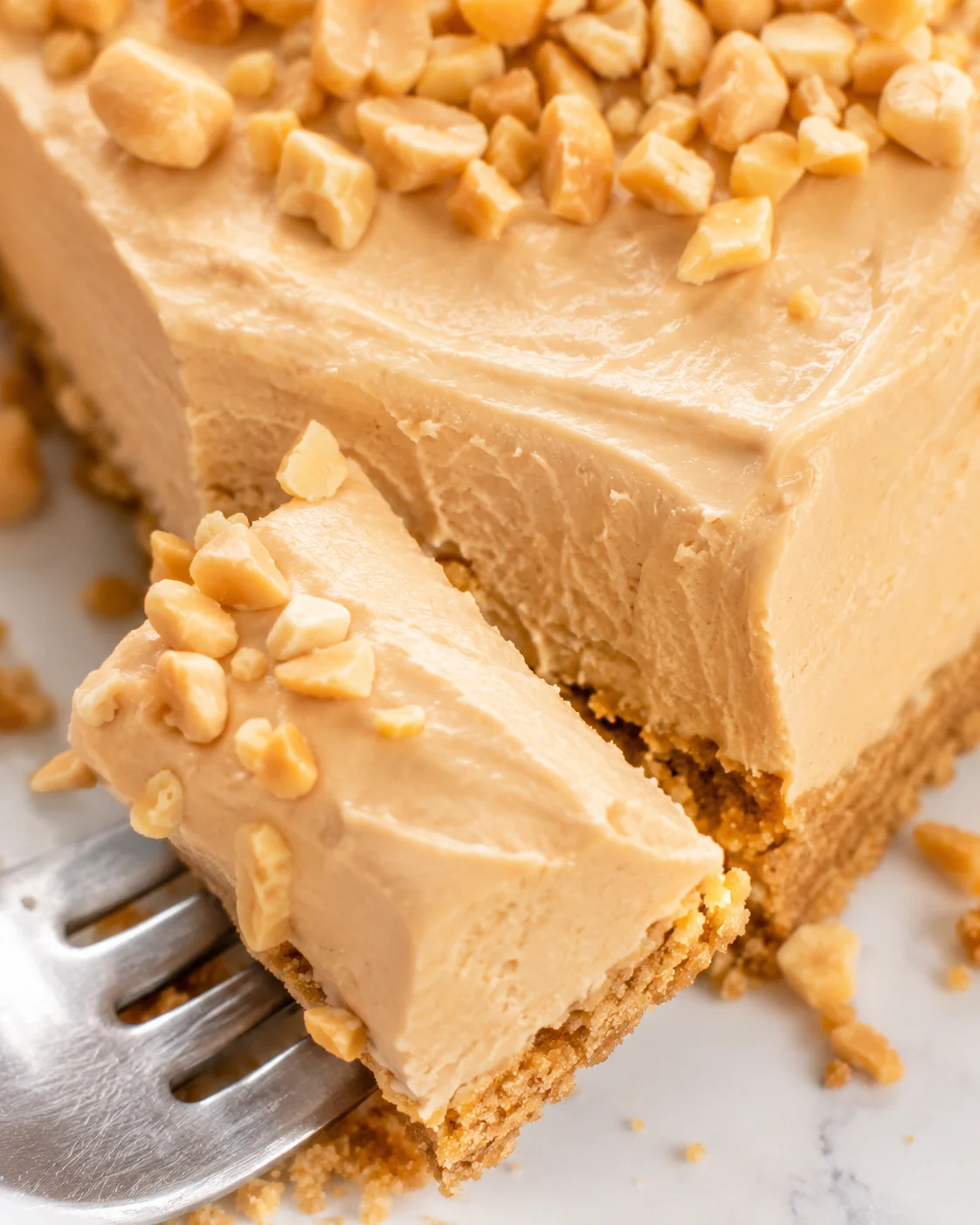 Close-up of a forkful of no-bake peanut butter pie showing creamy interior, crumb crust and chopped peanuts