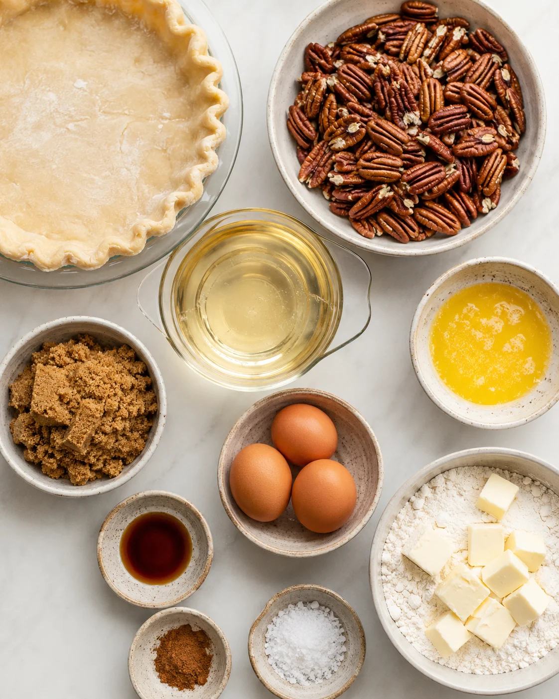 Top-down arrangement of pecan pie ingredients: pie crust, pecan halves, eggs, corn syrup, brown sugar, butter and spices