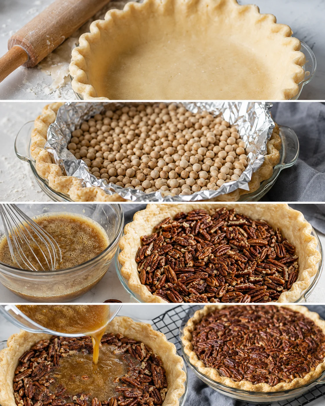 Collage of pecan pie preparation steps: rolled crust, blind-baking with weights, pecans in crust, pouring filling and baked pies